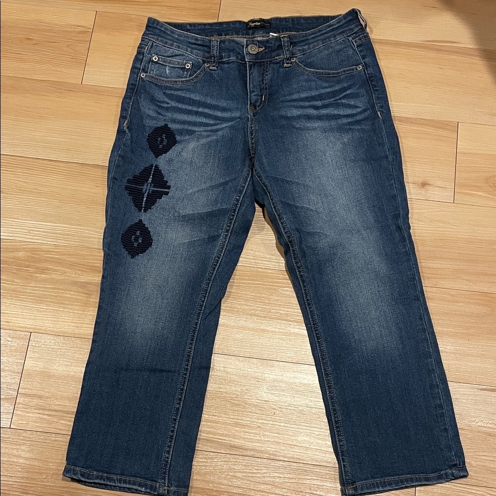 Cropped Distressed Blue Jeans with Embroidered Detail